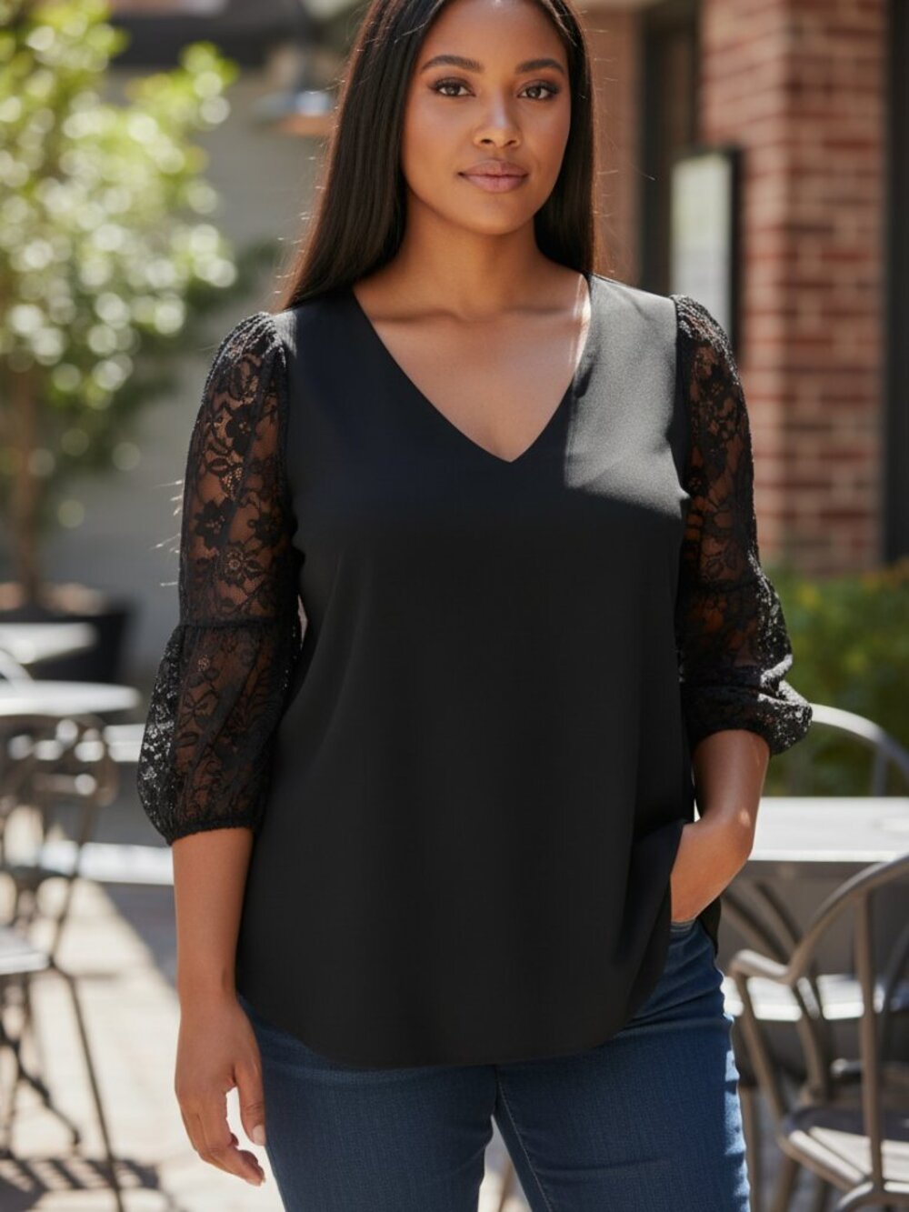 Torrid Studio Crepe V-Neck Ruched Lace Sleeve Top